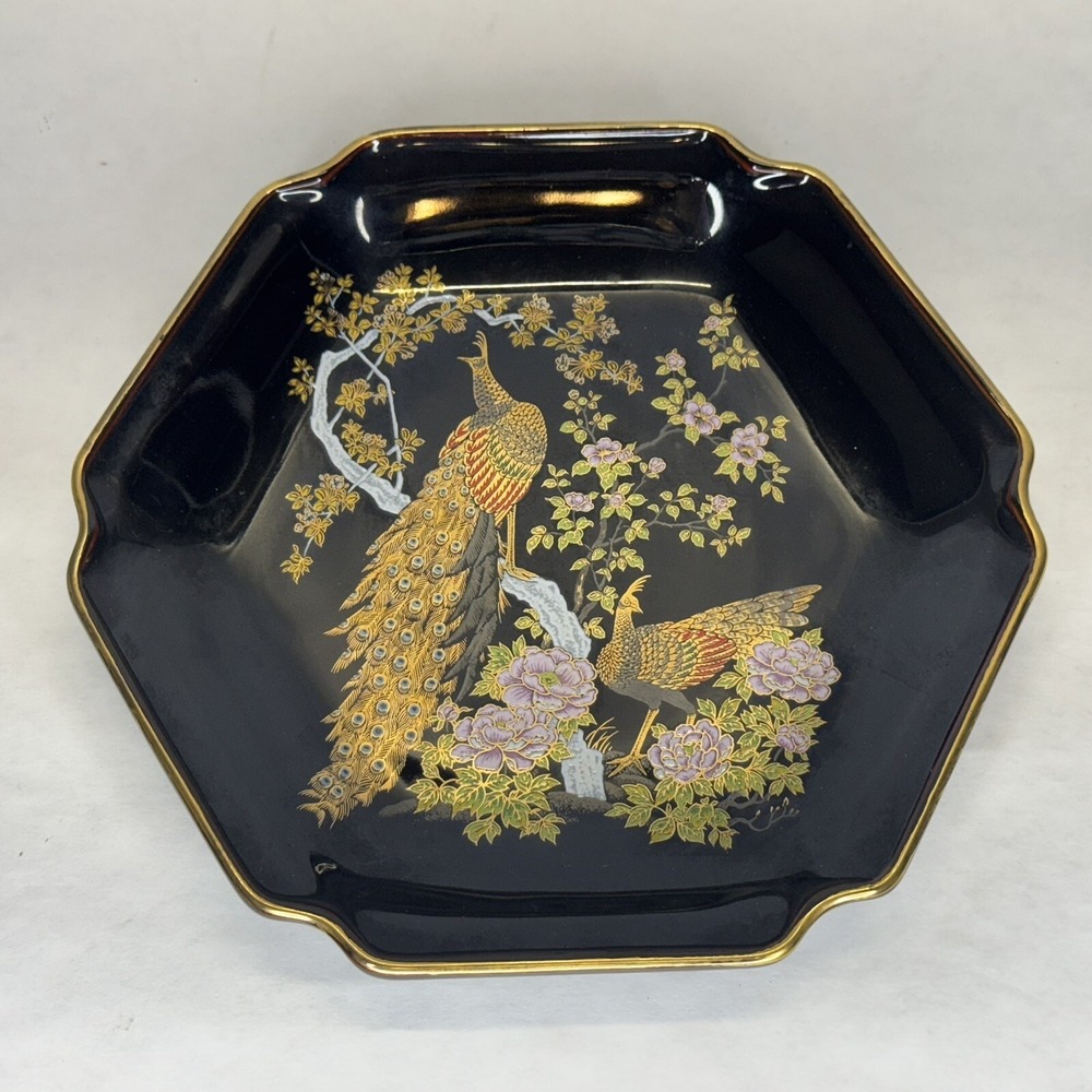Otagiri OMC Black Hexagonal Plate Peacock and‎ Flowers Trimmed In Gold Japan